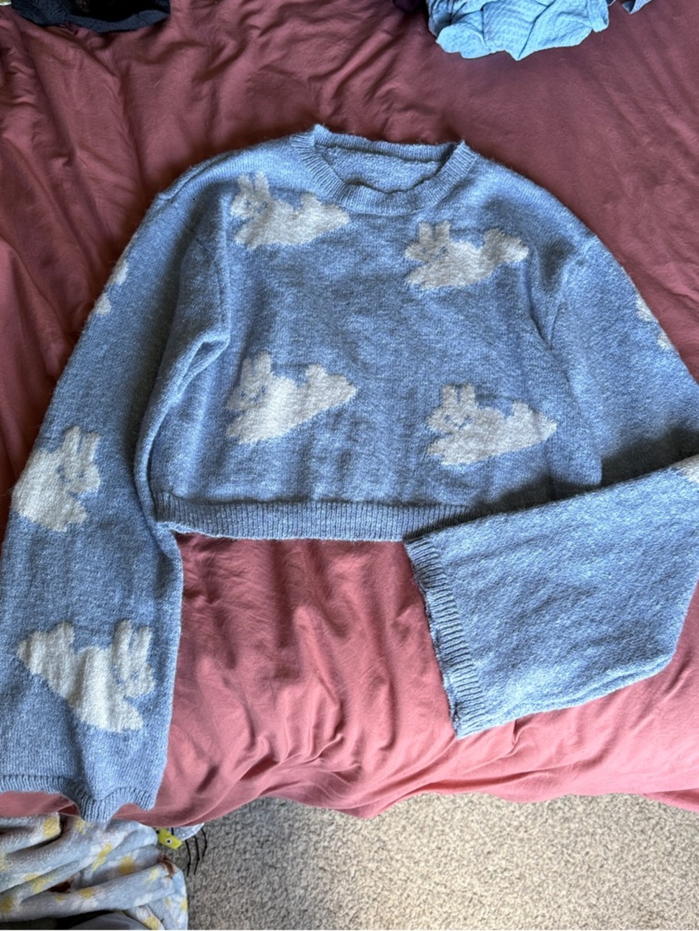 Bunny Cloud Pattern Cropped Blue Women's Bell Sleeve Sweater - Picture 1 of 2